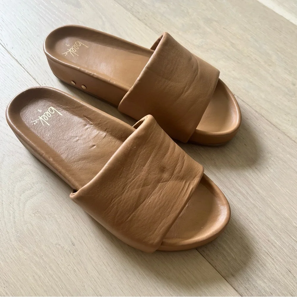 beek Tan Leather Platform Slide Sandals